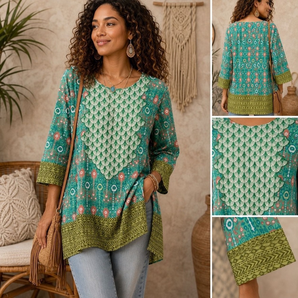 L. Beech Tree Sz 14 Boho Ikat Tunic Top Embroidered Bib Teal Green 3/4 Sleeve